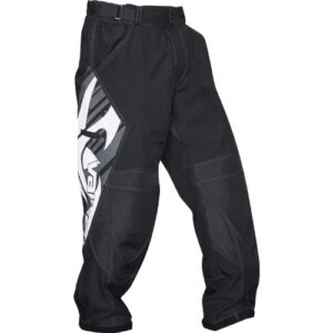 Black paintball tactical pants with adjustable waist and reinforced knee pads for durability during gameplay. Perfect for paintball players seeking comfort and protection.