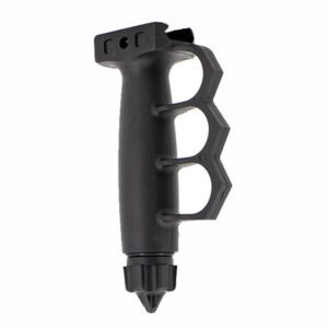 Black paintball grenade launcher grip with ergonomic design for paintball markers. Perfect for enhancing gameplay with reliable and easy-to-use equipment. Ideal for paintball enthusiasts.