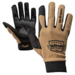 Black and tan tactical paintball gloves with textured grip and breathable design for enhanced control and durability during paintball games.