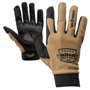 Black and tan tactical paintball gloves with textured grip and breathable design for enhanced control and durability during paintball games.