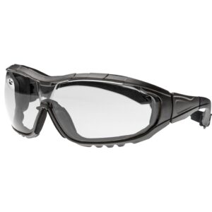 Black paintball goggles with adjustable strap and impact-resistant lens for superior safety and visibility during paintball games. Durable protective eyewear for outdoor and indoor paintball adventures.