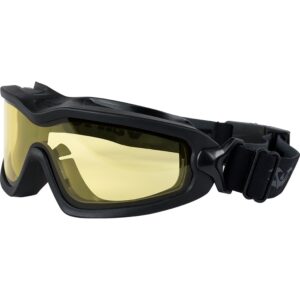 Black paintball goggles with yellow tinted lenses for optimal eye protection and visibility during paintball games. Adjustable strap for a comfortable fit, ideal for high-performance paintball gear.