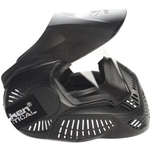 Black paintball mask with visor and ventilation for safety and clear visibility during paintball games. Designed for durability, comfort, and protection on the field.