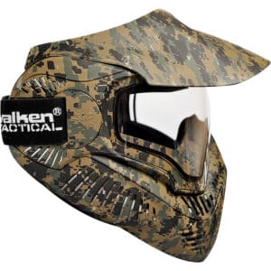 Full face camouflage paintball mask with tinted visor, designed for safety and style at premium paintball games.