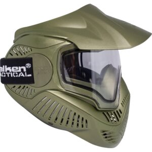High-quality tactical paintball mask with full face protection, adjustable strap, and clear lens for optimal visibility during paintball games.