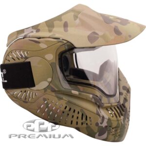 Camouflage paintball mask with clear visor for safety and eye protection.