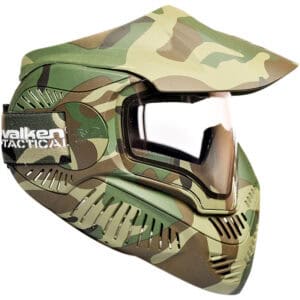 Camouflage paintball mask with visor and ventilation for safety and protection.