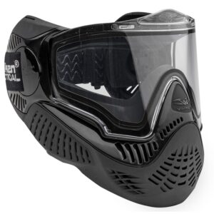 Black paintball mask with tinted lens and ventilation for paintball shooting and safety protection.