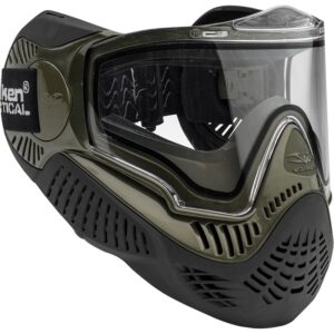 High-quality paintball mask with full-face shield, ventilation system, and impact-resistant design for safety and visibility during paintball games.