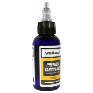 Valken Premium Tango Lube for airsoft and paintball guns, 2 oz, blue bottle with black cap, ideal for maintaining paintball markers, ensuring smooth operation and performance.