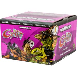 Bright pink Valken Craffiti paintball box featuring cartoon-style characters, aggressive poses, and vibrant artwork showcasing high-quality paintballs for paintball enthusiasts.