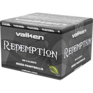 Bright green and black Valken Redemption paintball box with 2000 high-quality 68-caliber paintballs, suitable for professional and recreational paintball games.