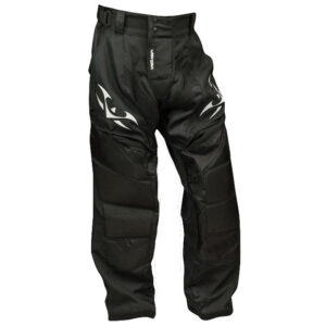 Durable black paintball pants with padded knee protection and adjustable waist for optimal fit. Designed for high-performance paintball gameplay and tactical comfort.