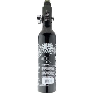 13ci 3000psi paintball air tank, black compressed air cylinder for paintball guns, high-pressure regulator, safety warning label, durable professional-grade equipment.