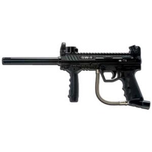 High-quality SWA compressed air paintball marker for professional paintball gameplay, featuring a sleek black design, precision barrel, and ergonomic grip for optimal accuracy and performance.