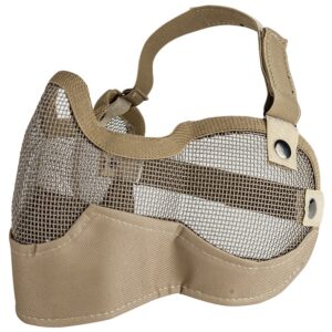 Mesh paintball mask with adjustable strap and breathable design for enhanced protection and comfort during gameplay.