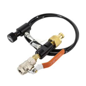 High-pressure paintball regulator with hose and fittings for reliable air supply and performance. Suitable for paintball markers and air systems. Durable and easy to install.