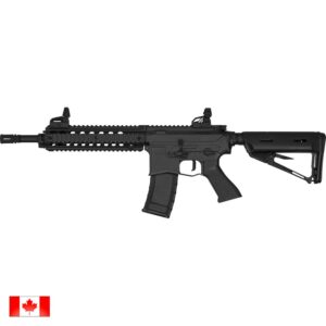 Airsoft gun replica for paintball games, black tactical toy gun for outdoor sports.