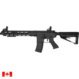 Black tactical paintball marker with adjustable stock and high-capacity magazine for professional paintball gameplay. Designed for durability and precision shooting.