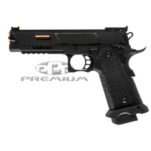 Valken semi-automatic paintball pistol with black and copper finish, high-performance paintball accessory for competitive gameplay and tactical use.