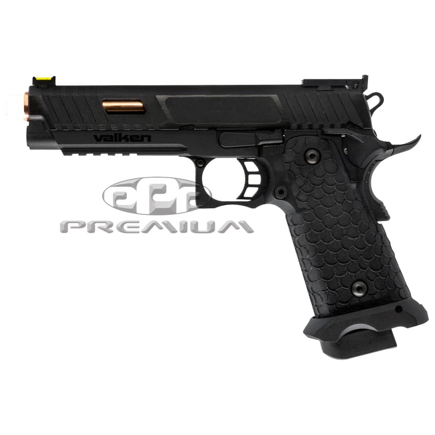 Valken semi-automatic paintball pistol with black and copper finish, high-performance paintball accessory for competitive gameplay and tactical use.