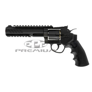 Black paintball revolver with textured grip, precision barrel, and secure trigger for competitive paintball games. Durable construction ideal for professional paintball gear and accessories.