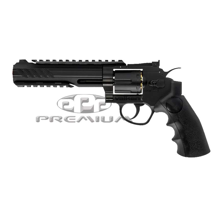 Black paintball revolver with textured grip, precision barrel, and secure trigger for competitive paintball games. Durable construction ideal for professional paintball gear and accessories.