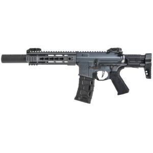 Black tactical paintball gun with scope and adjustable stock, ideal for paintball sports and professional gameplay.