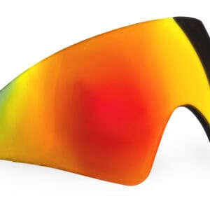 Vibrant orange and yellow camouflage paintball lens with black accents for improved visibility and protection during paintball games.