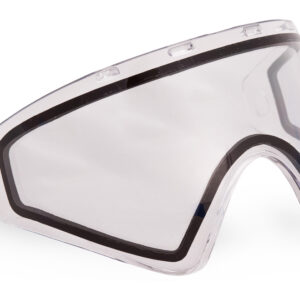 Clear paintball mask with anti-fog lens for optimal visibility during gameplay.