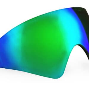 Vapor lens replacement for paintball goggles with reflective rainbow finish, high-quality protective optics for enhanced visibility and safety during paintball games.