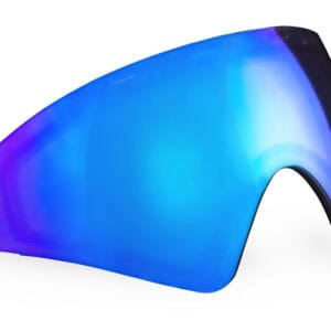 Shatterproof paintball mask lens with blue and purple reflective coating for maximum protection and visibility.