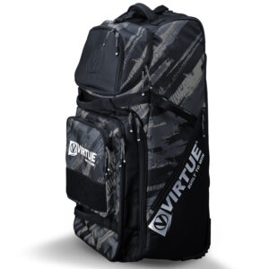 Durable Virtue paintball gear bag with multiple compartments and camouflage design for easy organization and transport of paintball equipment.