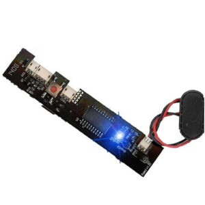 An integrated electronic circuit board with a battery, LED indicator, and various components for paintball equipment.