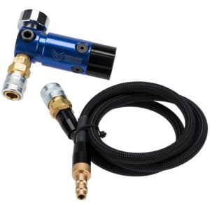 High-pressure paintball fill station with stainless steel braided hose and aluminum regulator. Designed for durability and precision in paintball game setups. Premium paintball accessories for professionals.