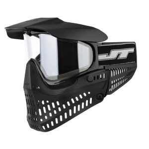Full-face paintball mask with anti-fog visor, adjustable straps, durable construction, ideal for paintball games, offering maximum protection and clear visibility during play.