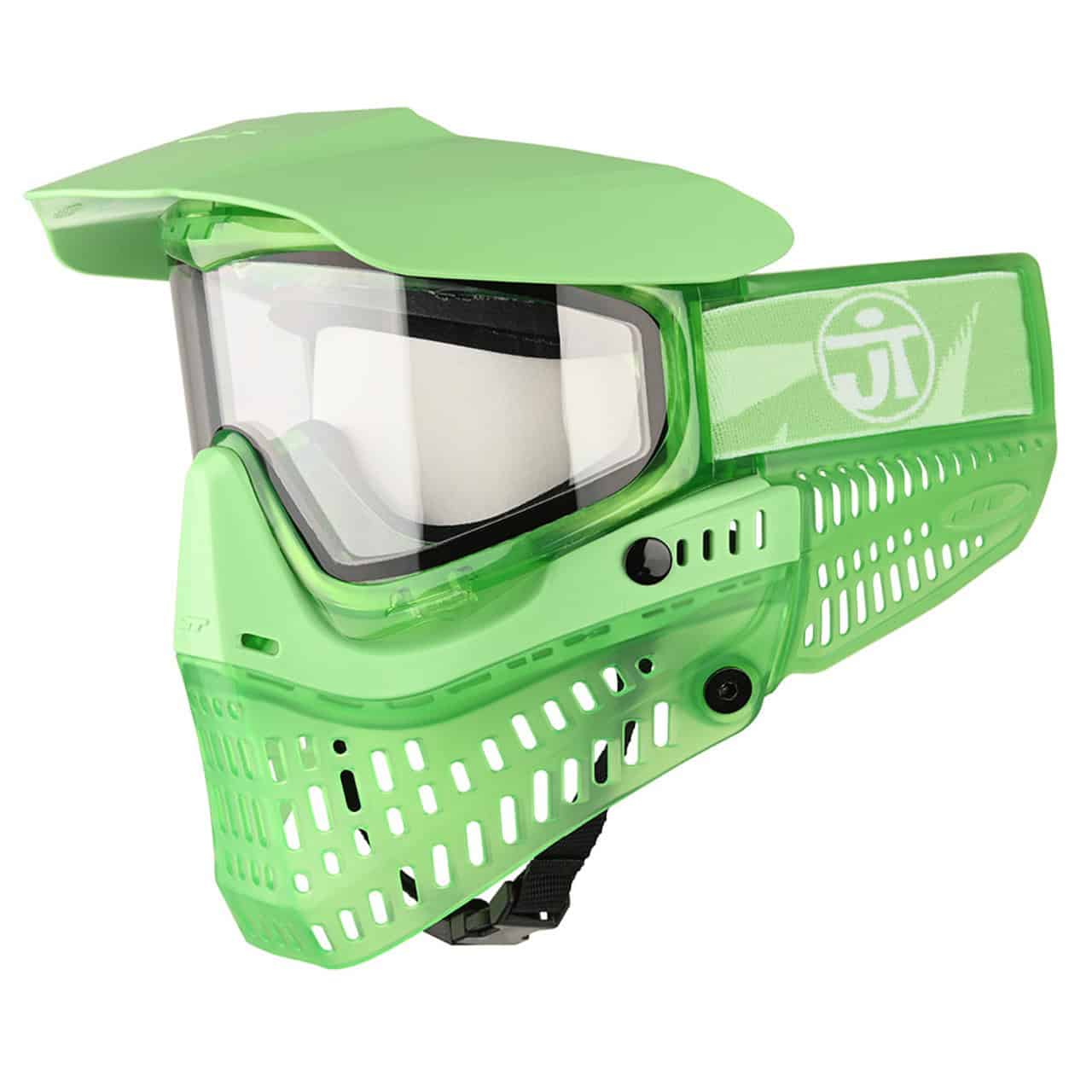 Green paintball mask with clear visor and ventilation features for protection during paintball games.
