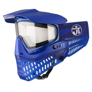 Blue paintball mask with visor, full face protection, and advanced optics for professional paintball gameplay. Designed for comfort, safety, and clarity on the field.
