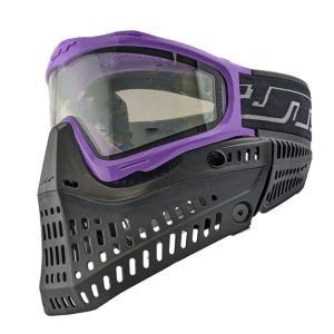 Airsoft mask with purple accents and adjustable strap for paintball safety and protection.