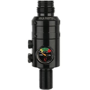 High-quality Ninja paintball regulator with pressure gauge, ideal for premium paintball gameplay and equipment setups.