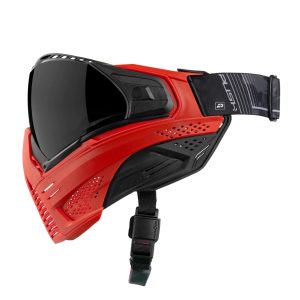 Push Unite Mask with Red Frame and Blacked out lens, designed for optimal protection and visibility during paintball & Airsoft games. Durable, lightweight, and comfortable for all-day play.