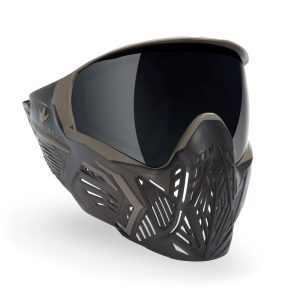 Bunker Kings CMD Mask with FDE accents and black out lens, designed for optimal protection and visibility during paintball games. Durable, lightweight, and comfortable for all-day play.