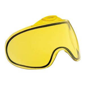 Clear yellow tinted paintball goggles with black foam padding for enhanced visibility and comfort during paintball games. Designed for safety and optimal performance.