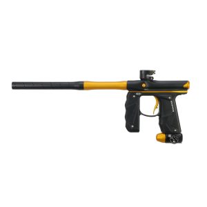 High-performance black and gold paintball marker with extended barrel, adjustable gas system, and ergonomic grip for competitive paintball gameplay.