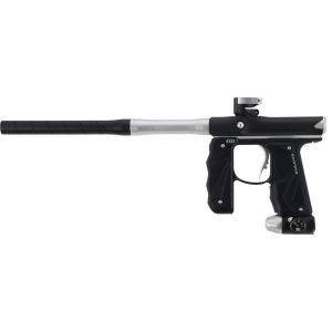 High-performance black and silver paintball marker with ergonomic grip and precision barrel, perfect for competitive paintball gameplay and outdoor sports enthusiasts.