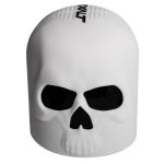 High-quality white skull-shaped paintball mask with black eye sockets, designed for eye protection and style during paintball games. Perfect for players seeking a rugged and intimidating look.