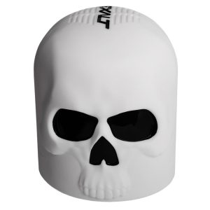 High-quality white skull-shaped paintball mask with black eye sockets, designed for eye protection and style during paintball games. Perfect for players seeking a rugged and intimidating look.