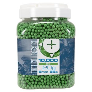 High-quality green 6mm paintball BBs in a 10,000 count container for optimal performance and accuracy in paintball games. Perfect for paintball enthusiasts seeking reliable, eco-friendly ammunition.