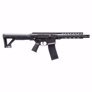 Black tactical paintball marker with extended barrel and magazine feed system. Ideal for game play and home defense. AR Carbine style marker with durable construction and precision accuracy.