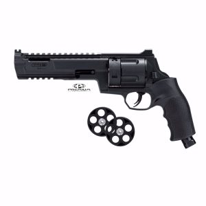 A realistic black paintball revolver with two extra cartridges, perfect for competitive paintball games and training, designed for durability and accuracy.